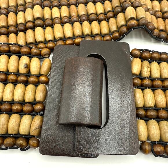 Vintage Stretch Beaded Belt w/ Wood Buckle – 2.5" Wide Boho Y2K Festival - Picture 1 of 9